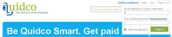 Quidco drop-down login box