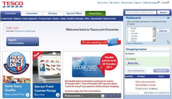 Tesco's groceries homepage