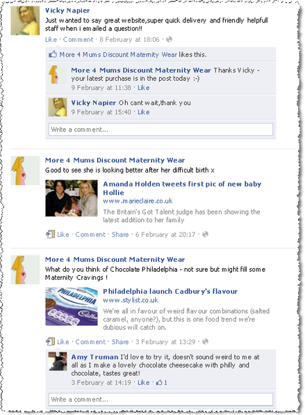 example posts Wall posts on the More 4 Mums Facebook page
