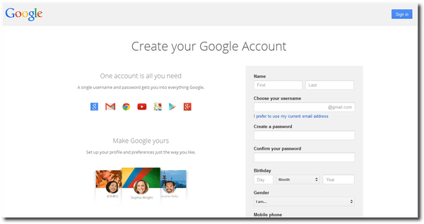 Create Google Account form