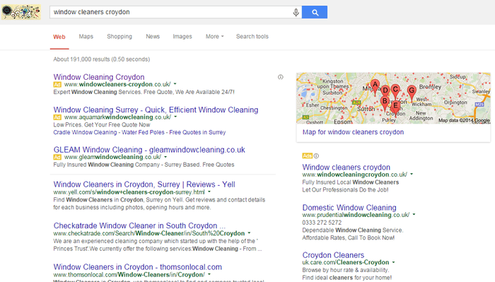 Google search for Window Cleaners in Croydon