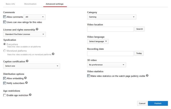 YouTube upload advanced settings screenshot