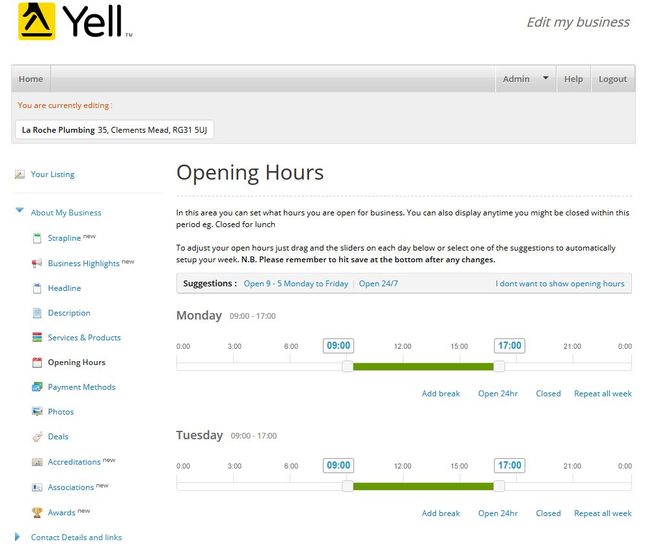 Image of 'Opening Hours' screen on Yell.com