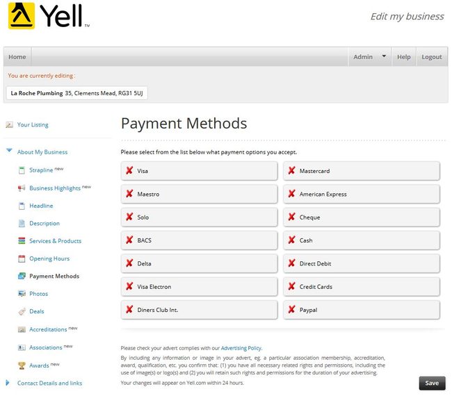 Image of 'Payment Methods' screen on Yell.com