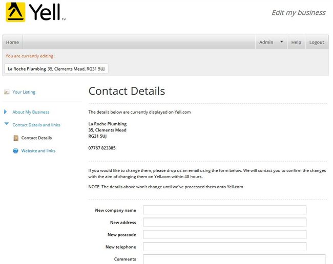 Image of 'Contact Details' screen on Yell.com