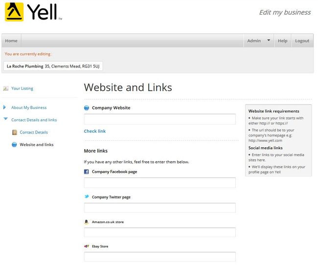 Image of 'Website and Links' screen on Yell.com