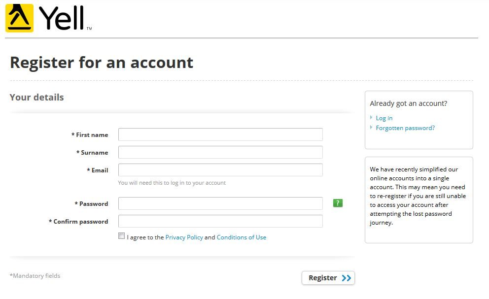 Image of 'Register for an account' screen on Yell.com