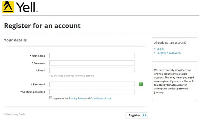 Image of 'Register for an account' screen on Yell.com