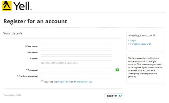 Image of 'Register for an account' screen on Yell.com