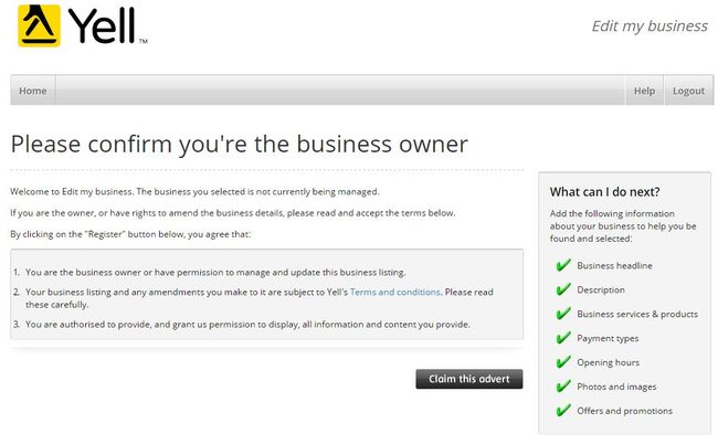 Image of 'Claim this advert' page on Yell.com