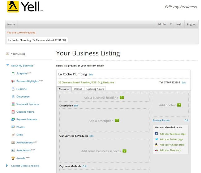 Image of 'Your Business Listing' page on Yell.com