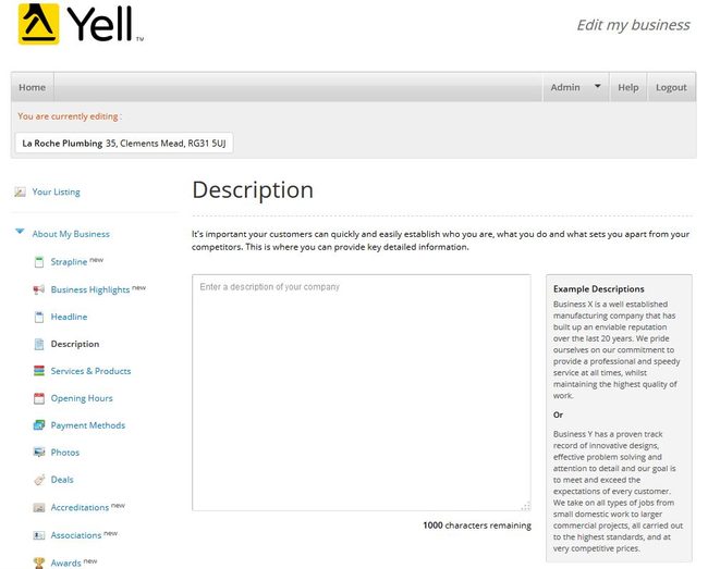 Image of 'Description' page on Yell.com