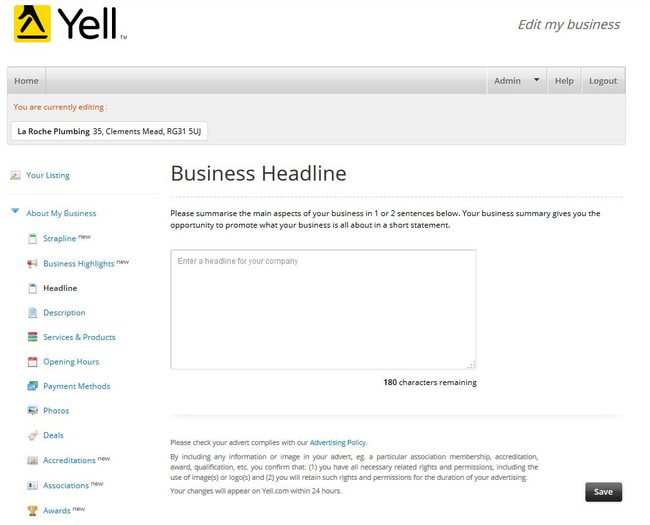 Image of 'Business Headline' screen on Yell.com