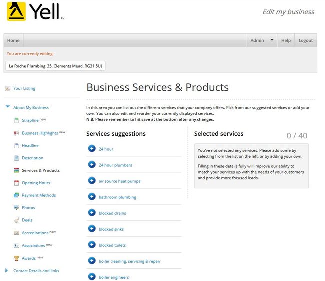 Image of 'Business Services & Products' screen on Yell.com