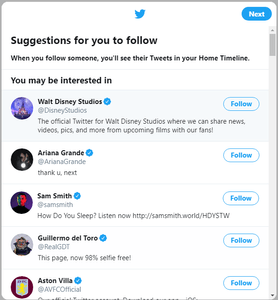 Twitter will automatically generate suggestions for you to follow depending on the interests you chose in the previous screen.
