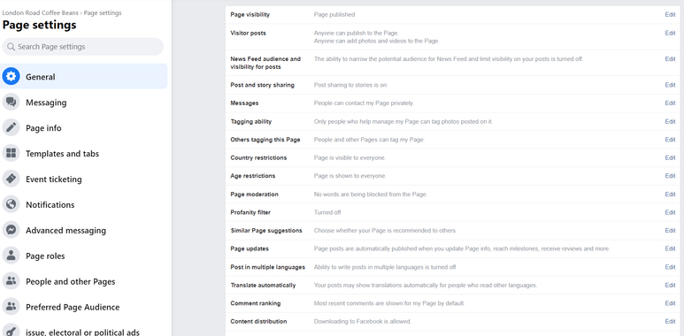 Facebook Business Page Settings