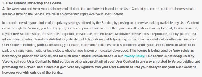 Vero terms of service - user content