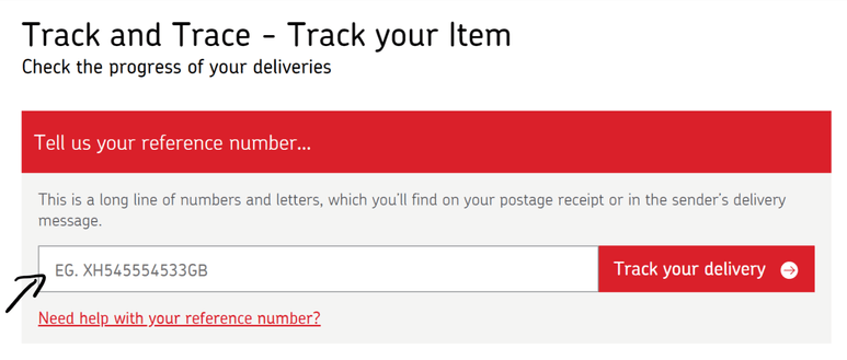A screenshot of Royal Mail's parcel tracking tool with micro copy that says 'E.g. XF54555'