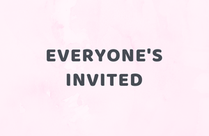 Writing saying 'Everyone's invited' on a pink marble background