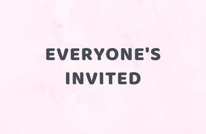 Writing saying 'Everyone's invited' on a pink marble background