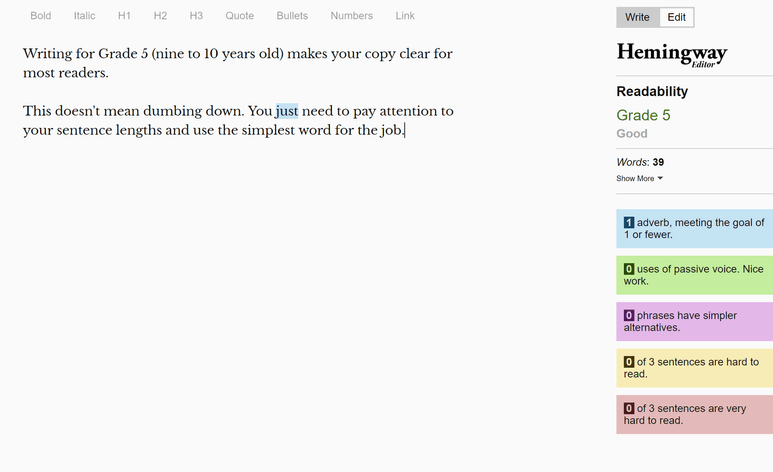 A screenshot of hemingwayapp.com, showing copy that's a Grade 5 reading level