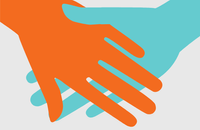 Orange hand holding a turquoise hand on a grey background