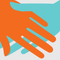 Orange hand holding a turquoise hand on a grey background