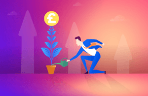 Illustration of a man watering a money tree with a big pound sign at the top.