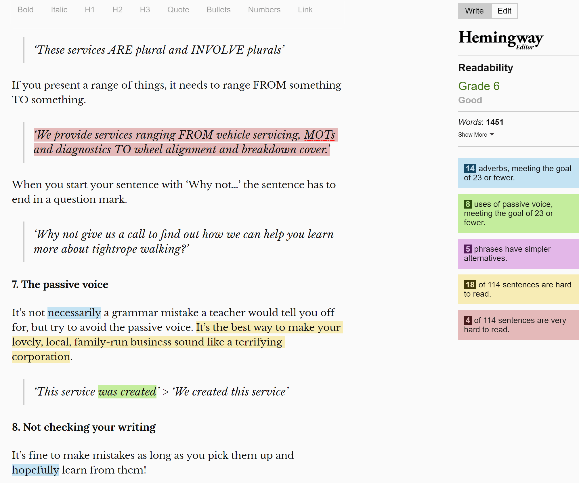 Hemingway app website showing writing that has been analysed for readability