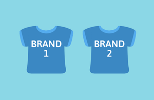 Two identical blue tshirts with 'brand one' and 'brand two' written on them