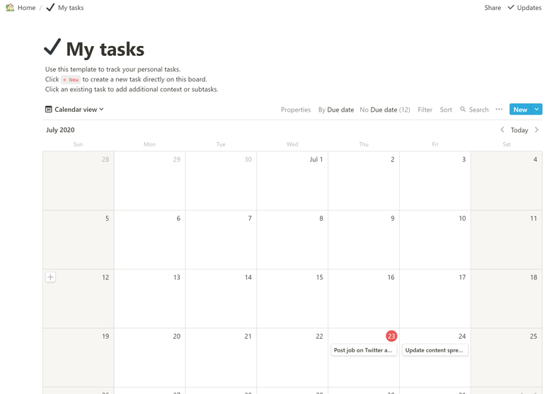 Tasks as calendar view in Notion