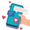 Illustration of hand holding a smartphone showing messages