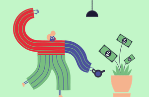A graphic of a blue woman watering a money tree