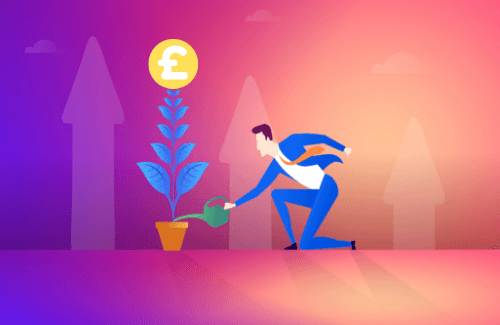 Illustration of a man watering a money tree with a big pound sign at the top.