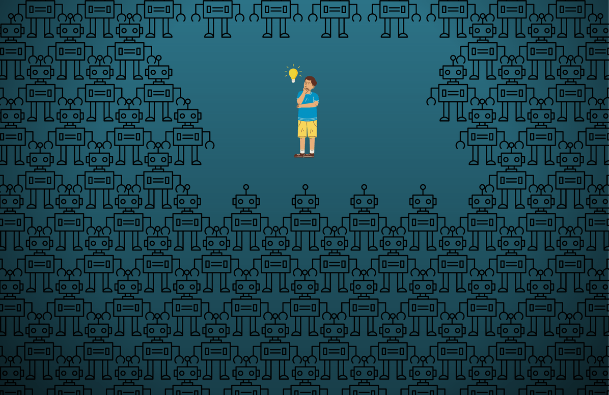 A human surrounded by robots