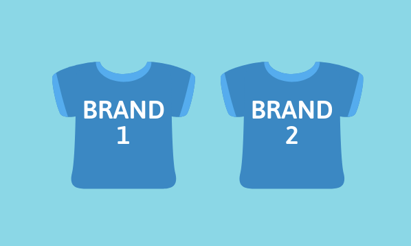 Two identical blue tshirts with 'brand one' and 'brand two' written on them